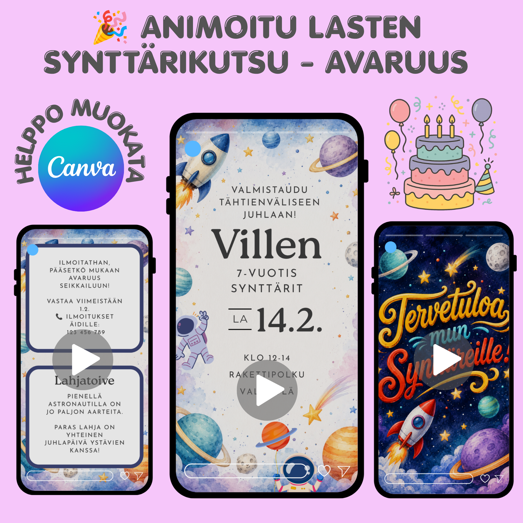 🚀 Avaruus videokutsu lasten syntymäpäiville – Muokattava Canva-kutsu