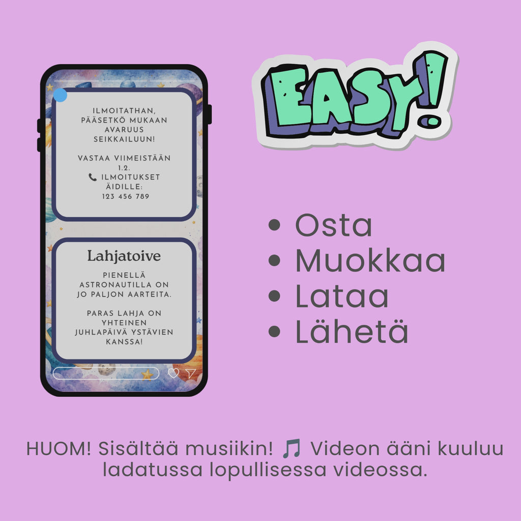 🚀 Avaruus videokutsu lasten syntymäpäiville – Muokattava Canva-kutsu