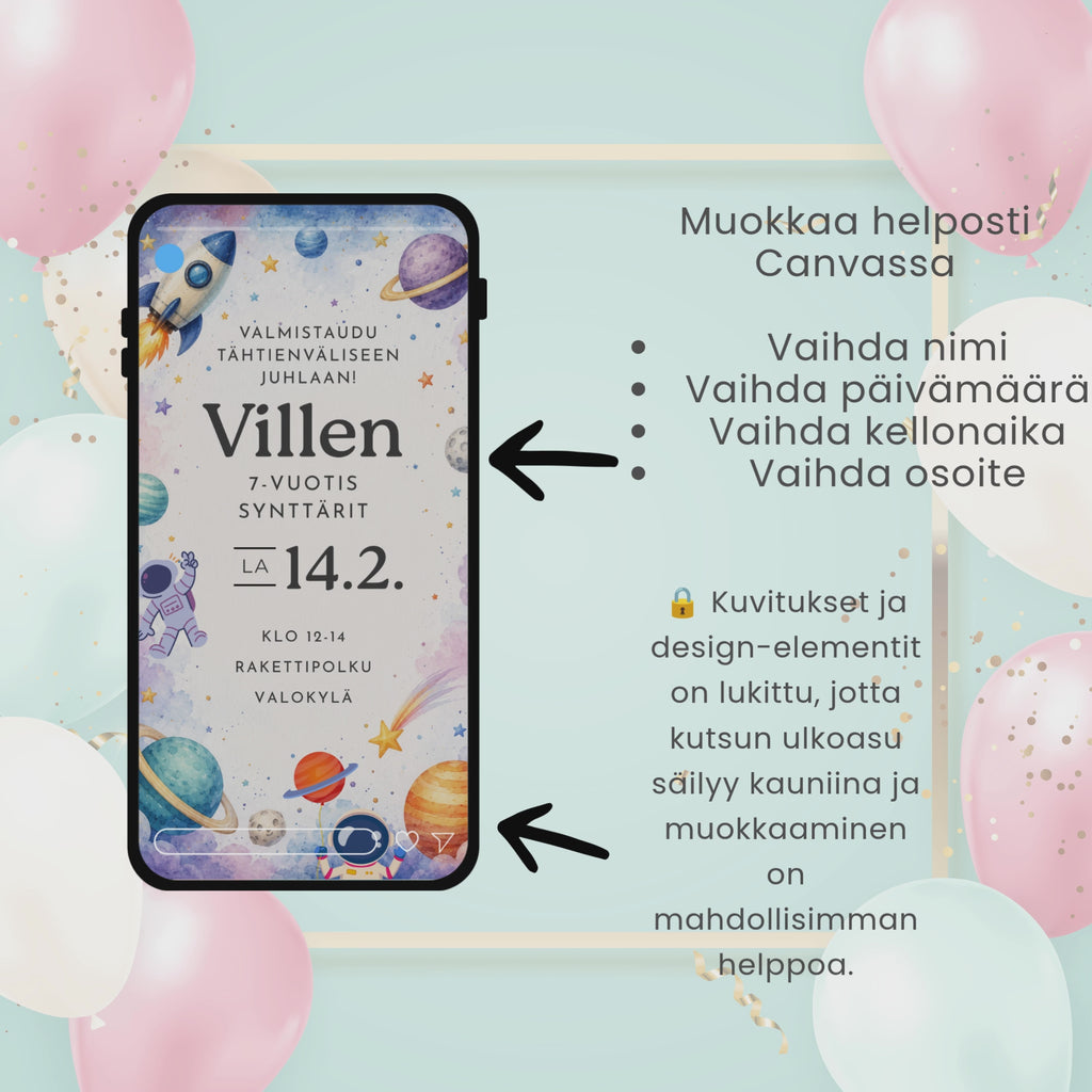 🚀 Avaruus videokutsu lasten syntymäpäiville – Muokattava Canva-kutsu